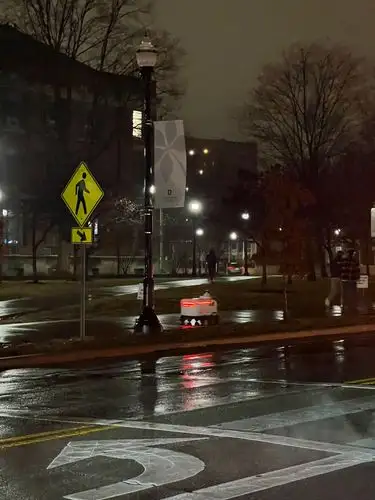 City lights dance on the wet night pavement.